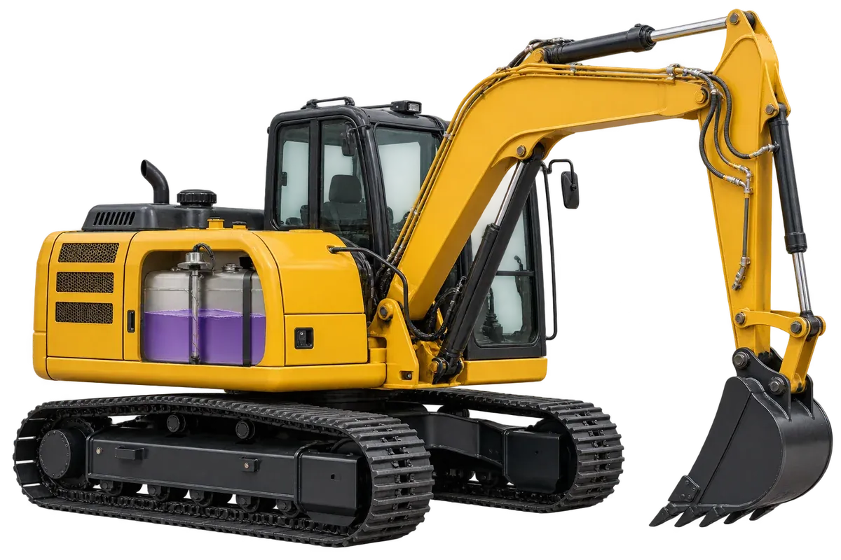 Excavadora con tanque de diésel seccionado y sensor de combustible.